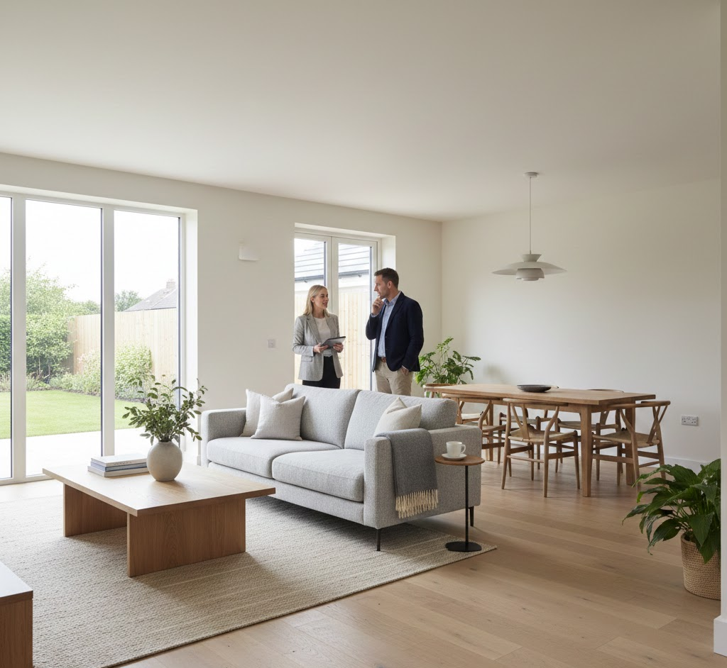 A couple poses in a bright living room, with sunlight pouring in through a spacious window behind them